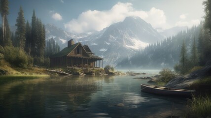 Obraz premium Old abandoned wooden house by a lake in the mountains. Generative AI illustration.