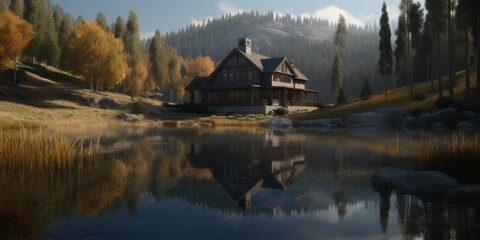 Fototapeta premium Cozy secondary house by a lake in the mountains. Generative AI illustration.