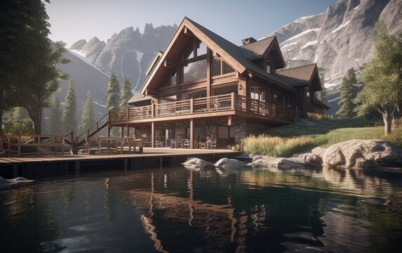 Asian style modern wooden luxury chalet by a lake in the mountains. Generative AI illustration.