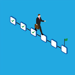 Businessman finishing tasks walking toward goal isometric 3d vector illustration concept for banner, website, illustration, landing page, flyer, etc.