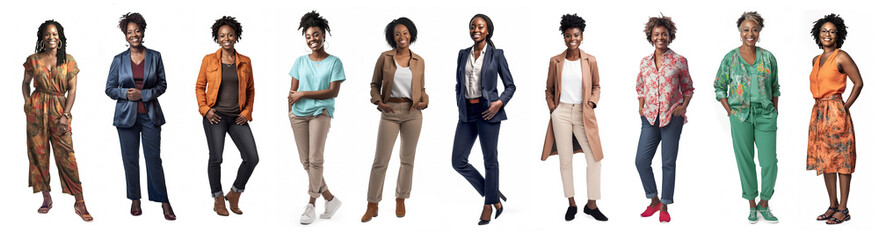 Group of full body black women all with different ages, sizes, hairstyles, clothing, separately isolated on a white background. Illustration created with Generative AI technology.