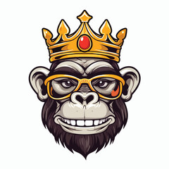 Vector illustration of cool gorilla monkey king smile wearing crown and glasses