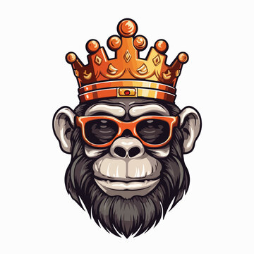 Vector illustration of cool gorilla monkey king smile wearing crown and glasses