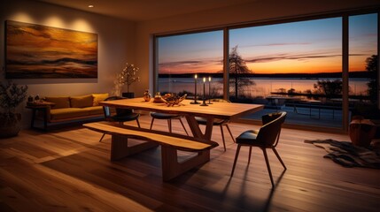 The dining room space of a new luxury family villa is decorated in a modern and minimalist style. Generative AI.