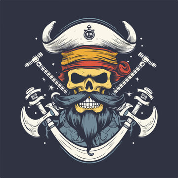 Vector illustration of skull head pirates with hat and sword vintage logo design