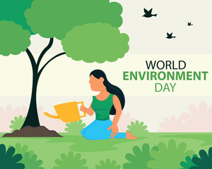 illustration vector graphic of a woman is watering plants in the garden, perfect for international day, world environment day, celebrate, greeting card, etc.