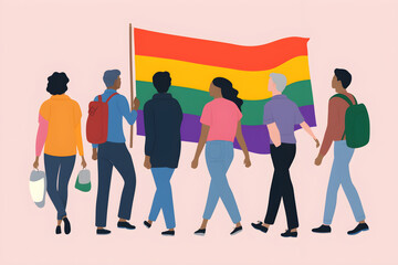 Obraz premium people walking with LGBT flags, back view. People representing the diversity of the LGBTQ+ community. Pride concept. 