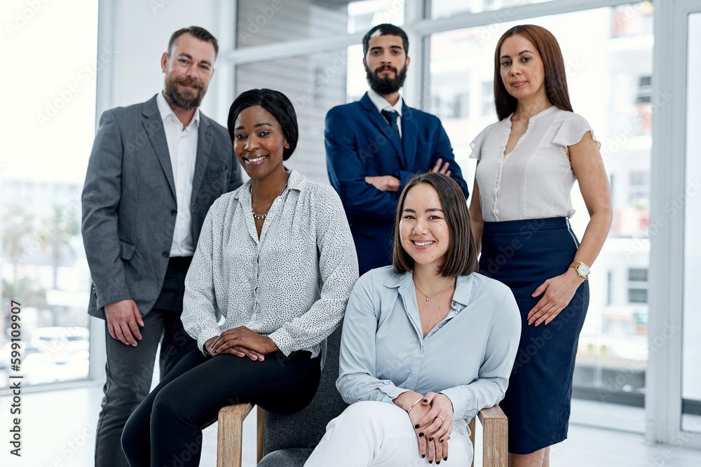 Poster Our worth is always on the rise thanks to our collaborations. Portrait of a group of businesspeople posing together in an office.