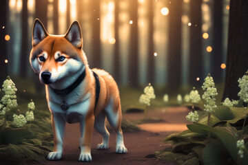 Beautiful and cute red shiba inu puppy with a collar stands in a fairy forest. generative ai illustration