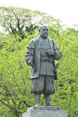 Fototapeta premium Statue of Tokugawa Ieyasu. Japan tourism Aichi Prefecture Okazaki Castle. He is a historical person who survived the age of civil wars and is a founder of Edo shogunate.