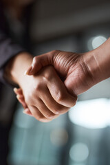 Another successful deal made. two unrecognizable businesspeople shaking hands in an office.