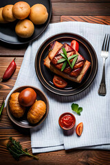 gourmet food plate restaurant product photography, baked meat with potatoes and sauces dark background, onion, bread, cutlery