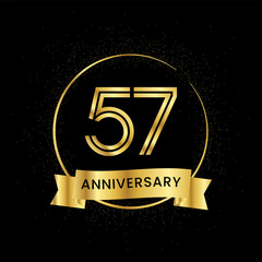 57 years anniversary inside a golden circle and glitter spread on a black background. Golden number anniversary