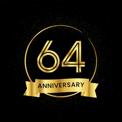 64 years anniversary inside a golden circle and glitter spread on a black background. Golden number anniversary