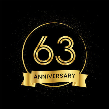 63 years anniversary inside a golden circle and glitter spread on a black background. Golden number anniversary
