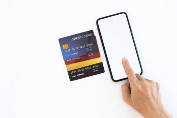 Smartphone and plastic credit card. mobile phone with blank white screen and bank card with chip. Credit card for finance and cell phone on light background