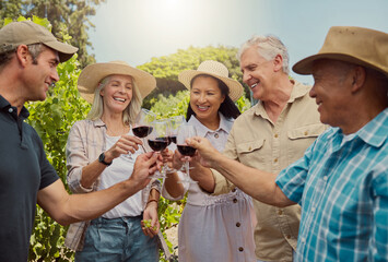 Diverse group of friends toasting with wineglasses on vineyard. Happy group of people standing...