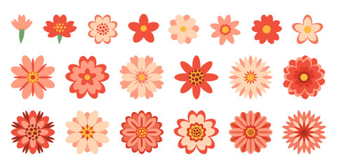 Decorative red flowers set in flat style. Spring summer stickers collection. Vector design elements isolated on white background. Floral symbol, top view.