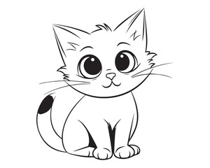 A black and white cat with big eyes sits on a white background. Silhouette cat coloring page vector.