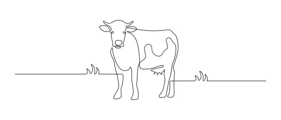 Cow in One continuous line drawing. Milk cattle animal on pasture symbol and beef meat farm concept in simple linear style. Editable stroke. Doodle vector illustration Generative AI