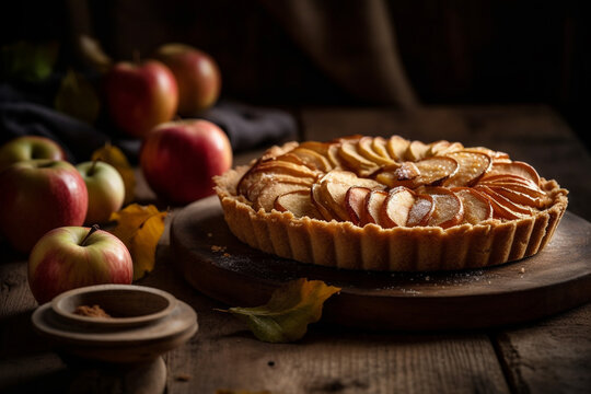Homemade apple tart adorned with juicy apple slices on a rustic wooden board, generative AI
