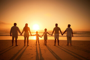 Rear view of multi generation family silhouetted on the beach. Carefree family with two children,...