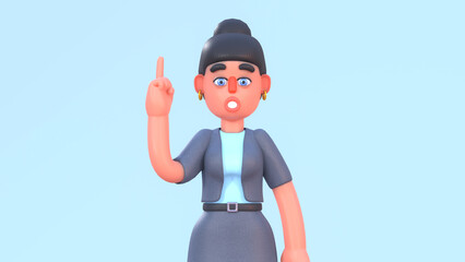 3d render of cute woman pointing up, idea concept