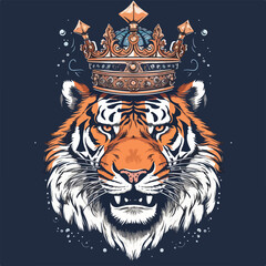 Colorful angry tiger king wearing crown for t-shirt design wallpaper and tattoo concept vector illustration