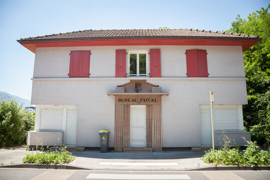AMBILLY, FRANCE - JUNE 18, 2017: Douane de Mon Idee a French customs building at the abandoned border crossing between France and Switzerland closed since Switzerland entered the Schengen Zone.