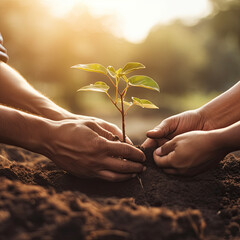 Two men planting a tree concept of world environment day planting forest, nature, and ecology A young man's hands are planting saplings and trees that grow in the soil while working to save the world. - obrazy, fototapety, plakaty