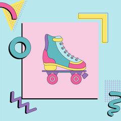 Roller skates. 1990s fashion. Premium quality rollerskating element in trendy style with memphis figures. Vector retro colorful illustration