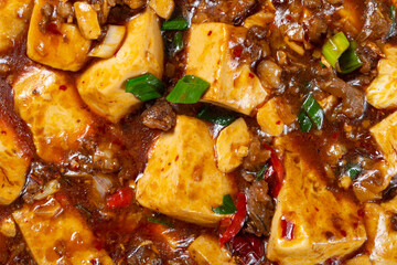 top view homemade mapo tofu close up