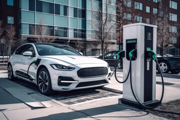 Fototapeta na wymiar Close-up photo of an electric vehicle charging station