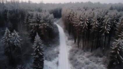 Winter wonderland: snowy forest road meandering through