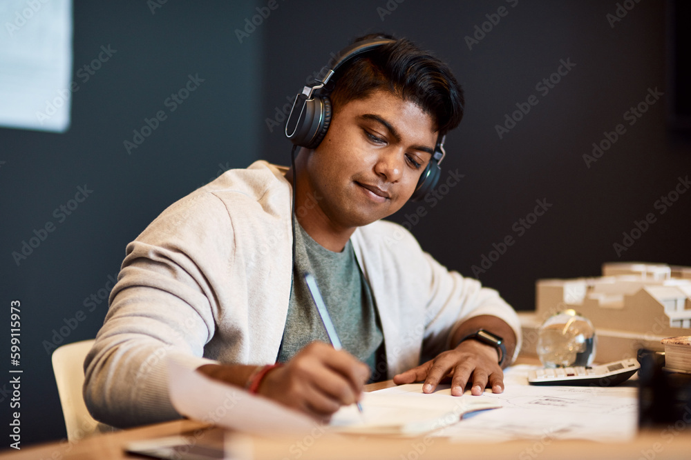 Poster whatever the dream, hell find a way to design it. a young architect wearing headphones and writing i