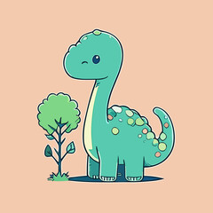 Cute cartoon dinosaur with leaves. Vector illustration for your design.