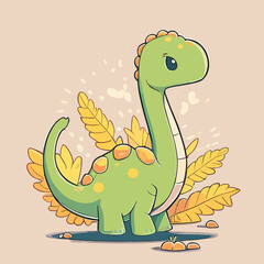 Cute cartoon dinosaur with leaves. Vector illustration for your design.