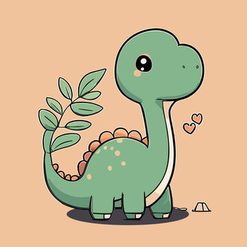 Cute cartoon dinosaur with leaves. Vector illustration for your design.