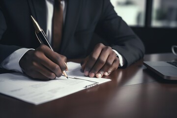 group man businessman office business contract signature document desk hand lawyer. Generative AI.