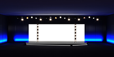 Simple event scene on dark blue background. front view. Conference stage design.