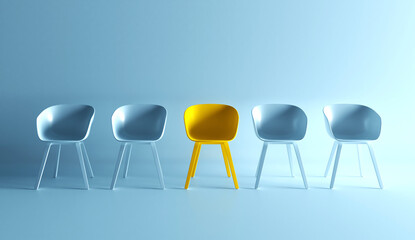 The yellow chair that stands out from the crowd. Business concept 3D rendering. We are hiring. Leadship concept.