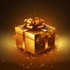goldenes Geschenk mit goldener Schleife auf gold-schwarzem Hintergrund. quadratisch. Generative Ai.