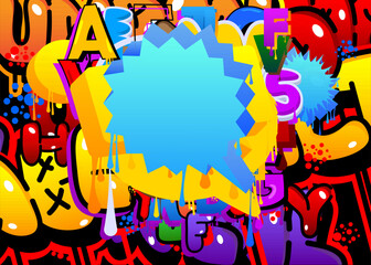 Blue Speech Bubble Graffiti with abstract colorful Background. Urban painting style backdrop. Discussion symbol in modern dirty street art decoration.