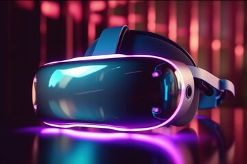 3D virtual reality glasses, bokeh background with neon lights, digital illustration. Generative AI