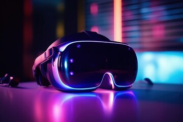 3D virtual reality glasses, bokeh background with neon lights, digital illustration. Generative AI