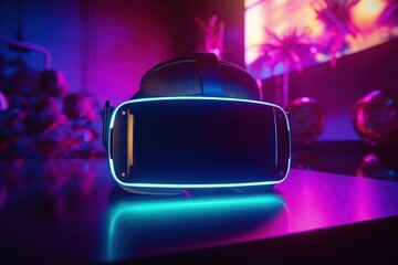 Obraz na płótnie Canvas 3D virtual reality glasses, bokeh background with neon lights, digital illustration. Generative AI