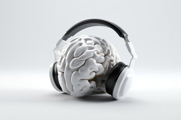 Human brain and headset, technology and creativity concept, white background, digital illustration. Generative AI