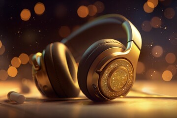 Fototapeta premium Golden gamer headset, gamer concept, bokeh background. Generative AI