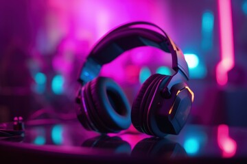 Fototapeta na wymiar Gamer headset with RGB lights, gamer room in background, bokeh background. Generative AI