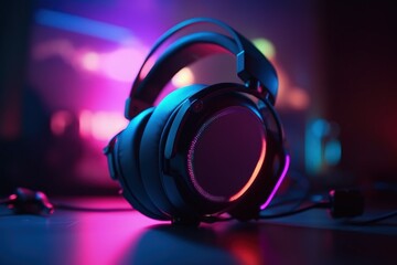 Obraz na płótnie Canvas Gamer headset with RGB lights, gamer room in background, bokeh background. Generative AI